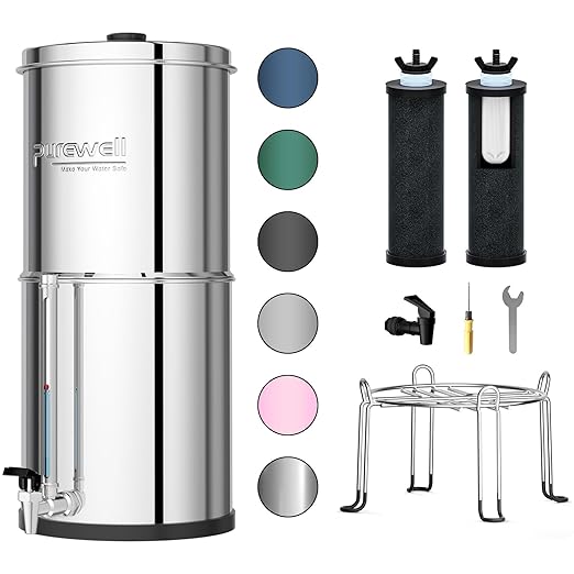 Purewell 3-Stage 0.01μm Ultra-Filtration Gravity Water Filter System, 304 Stainless Steel Countertop System with 2 Filters, Metal Water Level Spigot and Stand, Reduce 99% Chlorine, 2.25G, PW-OB-K