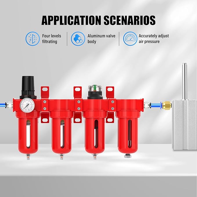 1/2" NPT Industrial Grade 4 Stage Aluminum Air Drying System, Coalescing Filter, Double Particulate Filter, Desiccant Dryer and Air Regulator,Manual Drain For Plasma Cutter and Paint Spray