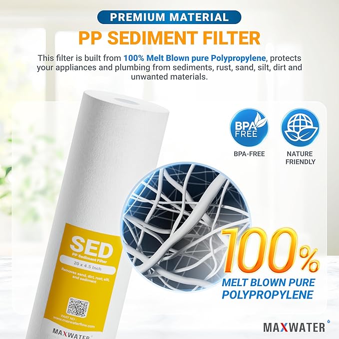 Max Water 1 Micron 20 x 4.5 Sediment Filter 20 inch Whole House BB Water Filteration System Replacement Compatible Cartridge DGD-5005-20, FP25B, AP810-6, FPMB5-20, P5-20, 155358-43, SDC-45-2005