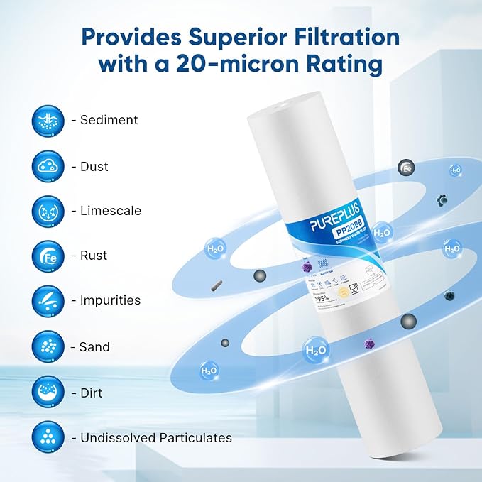 PUREPLUS 20 Micron 20" x 4.5" Whole House Sediment Home Water Filter Replacement Cartridge, Compatible with DGD-5005-20, AP810-2, P5-20BB, FP25B, FPMB5-20, 155358-43, SDC-45-2005, 2 Pack