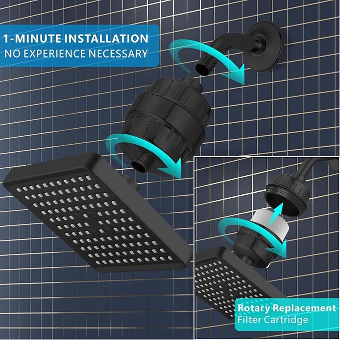 Voolan Filtered Shower Head - 20 Stage Luxury Rain Shower Filter For Hard Water for Remove Chlorine and Harmful Substances - 6" Square High Pressure Rainfall Showerhead (Matte Black)