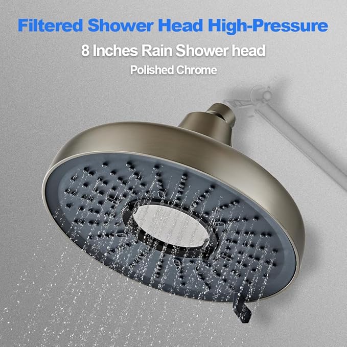 Filtered Shower Head - 8 Inches High Pressure Fixed Rain Showerhead for Hard Water Softener with 18-Stage Filter - Reduces Chlorine and Heavy Metals （Nickel Brushed）