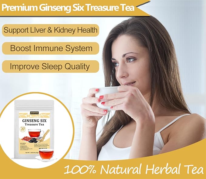 Ginseng Six Treasures Tea Kidney Detox,30Bags/10.58Oz,Traditional Chinese Tea,Natural Kidney Cleanse Herbal Tea for Men Women,6 Precious Ingredients Formula