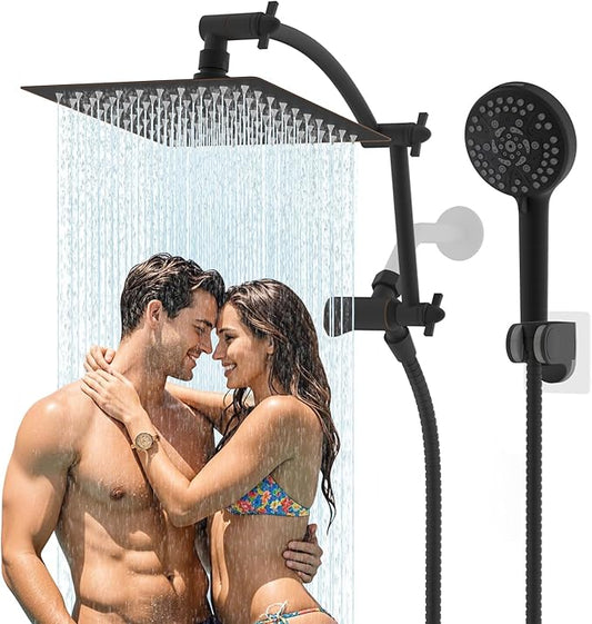 Hibbent All Metal Shower Head, 8'' High Pressure Rain Shower Head/Handheld Showerhead Combo with 16'' Adjustable Arc-shaped Extension Arm, 10 Sprays, 71'' Hose, Showerhead Holder, Oil Rubbed Bronze