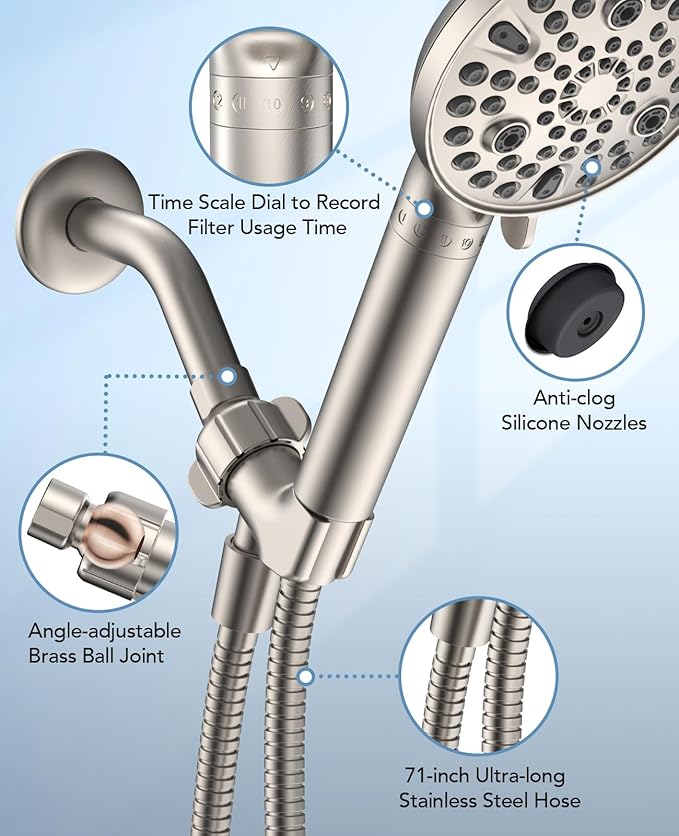 Handheld Shower Head with Filter Brushed Nickel - High Pressure 10 Spray Modes Filtered Shower Head with Hose, Bracket and Hard Water Shower Filters to Remove Chlorine and Heavy Metals