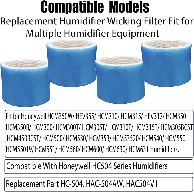 HAC504 Wicking Humidifier Filter Type A Replcement for Honeywell HCM-350 HEV355 HCM-710 HCM-315 HEV312 Humidifiers Part HAC-504 HAC-504AW HAC504V1 Wick Filters (4 Pack Blue)