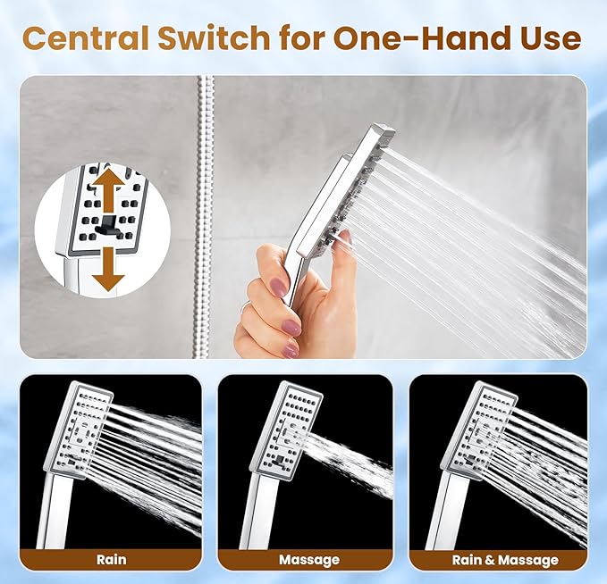 BRIGHT SHOWERS Rain Shower Head with Handheld Spray, 8 Inch High Pressure Rainfall Shower Head Combo with 60” Hose, Adjustable Dual Square Showerhead with 3-Way Diverter, Wall Bracket, Chrome