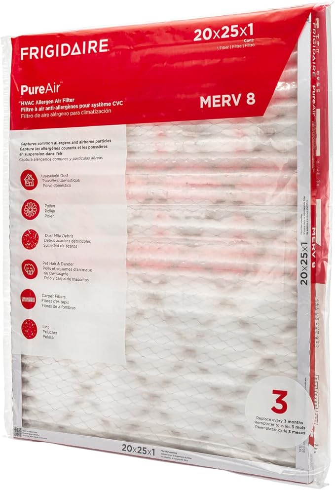 Frigidaire PureAir® 20x25x1 MERV 8 Allergen Electrostatic Pleated Air Conditioner HVAC AC Furnace Filters - 6 Pack (exact dimensions 19.81 X 24.81 X 0.81)