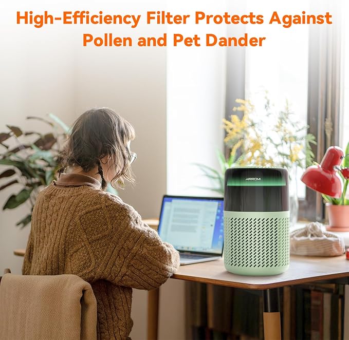 AIRROMI Air Purifier for Bedroom Home,HEPA Filter,Covers Upto 549 Ft²,Quiet 360°intake Air Cleaner with Fragrance ponge for Better Sleep,Night Light,Filters Smoke,Pet Dander,Allergies,Dust,A2005 Green