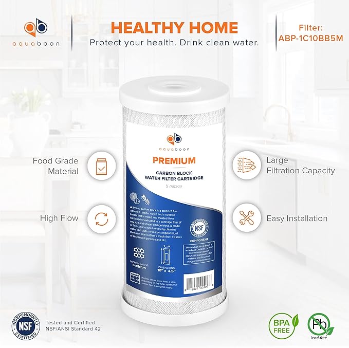 Aquaboon 5 Micron 10 x 4.5 Premium Carbon Filter Cartridge Whole House CTO Block Water Filter Replacement Compatible with FXHTC, CB-BB-10, 6-Pack