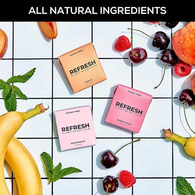 Refresh Gum, Xylitol, Natural, Sugar Free, Aspartame Free, Plastic Free, Natural Flavors & Organic Ingredients, Non GMO, Gluten Free, Vegan, 12 Count (Pack of 6), Fruit Variety Pack