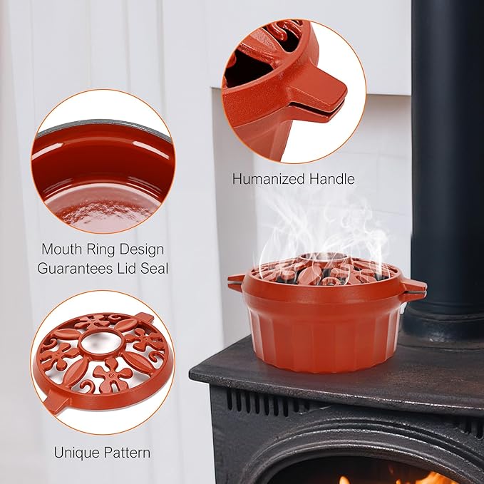 G GOOD GAIN Wood Stove Steamer - Cast Iron Round Bowl Fire Place Stove Humidifier Pot with Large Opening Top for Home Heating Decorative | Matte Finish & 2.7 Quart, OrangeRed