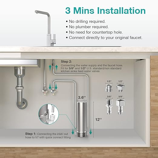 SimPure V7 Under Sink Water Filter, 5-Stage Stainless Steel Water Filtration System Direct Connect to Kitchen Faucet, Reduces 99% Lead, Chlorine, Bad Taste, 20K Gallons (No Drilling Required)