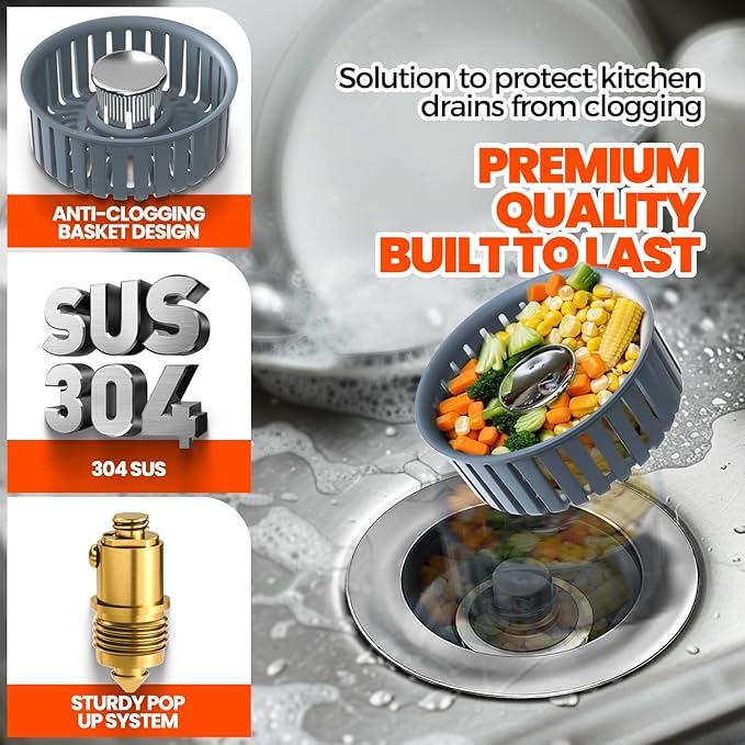 2 Pack 3 in 1 Kitchen Sink Drain Strainer & Sink Stopper, Upgraded Stainless Steel Drain Plug Combo with Anti-Clog Basket, Pop Up Drain Cover for Standard 3-1/2'',Garbage Disposal Parts