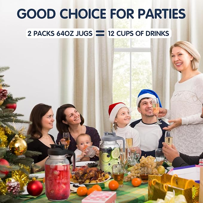 3 Packs 64OZ Glass Pitcher with Lid, Wide Mouth Mason Jar Water Jug, Leak-Proof Airtight Mason Jar for Cold Brew Coffee, Iced tea, Milk, Food Storage, Sun Tea