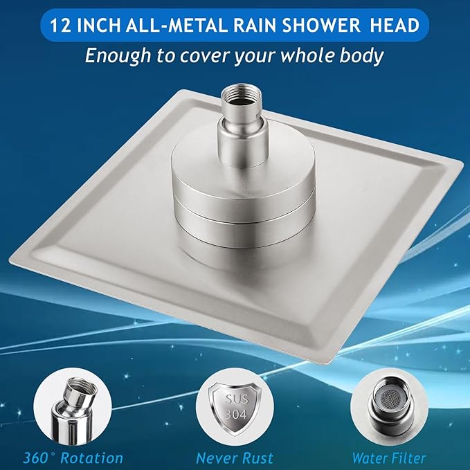 Voolan Rain Shower Head with Filtered - High Flow Large Rainfall Shower Heads Made of Stainless Steel - Waterfall Showerhead Filter For Hard Water(12" Brushed Nickel)