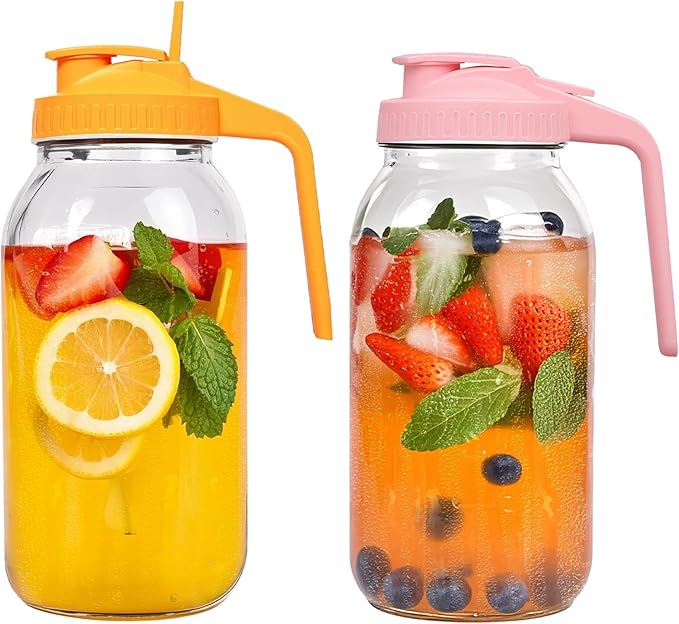 2 Pack 64oz Glass Mason Jar Pitcher with Airtight Lid and Handle – Wide Mouth, Leak-Proof, Ideal for Sun Tea, Cold Brew, Lemonade, Iced Coffee, Milk, and Water (Pink & Orange)