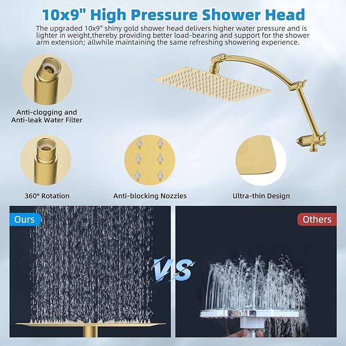 Hibbent All Metal Shower Head, 10'' High Pressure Rain Shower Head, Handheld Showerhead Combo with 16'' Adjustable Shower Extension Arm, 10 Sprays, 71'' Hose, Adhesive Showerhead Holder, Brushed Gold