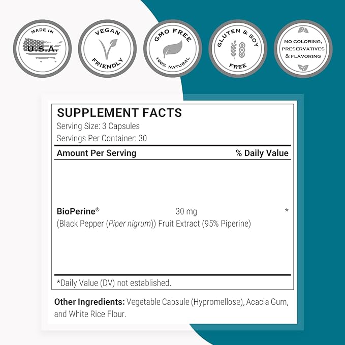 SuperSmart Bioperine 30mg per Day (95% Piperine) - Black Pepper Extract Supplement - Absorption Enhancer - Digestive Enzymes Support | Non-GMO & Gluten Free - 90 Vegetarian Capsules