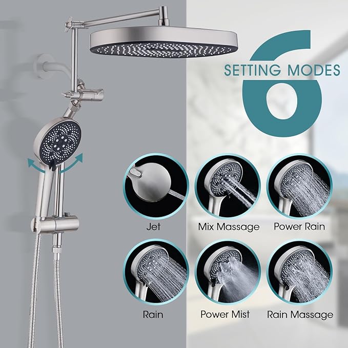 14" x 8" Rectangle High Pressure Rainfall Shower Head with Handheld Combo, 6 Setting Handheld Shower Head, Adjustable Height Shower Extension Arm and Slide Bar for Easy Reach - Brushed Nickel