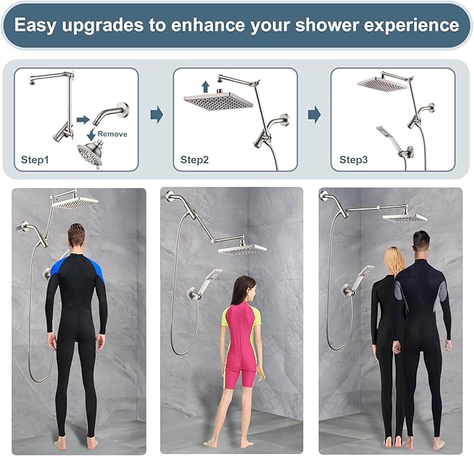 BRIGHT SHOWERS High Pressure Rain Shower Head Combo with Double Extension Arm, 8 Inch Rainfall Shower Head with Handheld Spray, Height Adjustable Dual Square Showerhead Set, Brushed Nickel