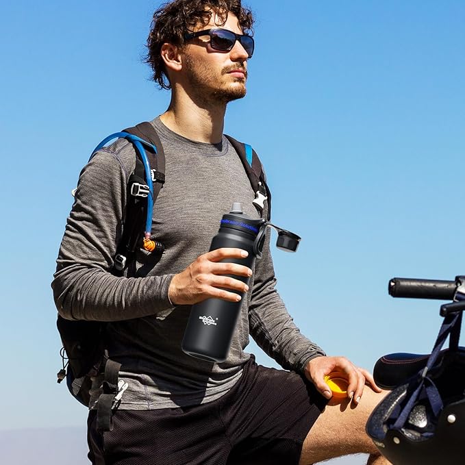 Membrane Solutions C3 Filtered Water Bottle, 32oz Stainless Steel Water Bottle with Replaceable Filter Cartridge, Portable Water Filter, Travel, Hiking & Camping for Drinking Water(Black)