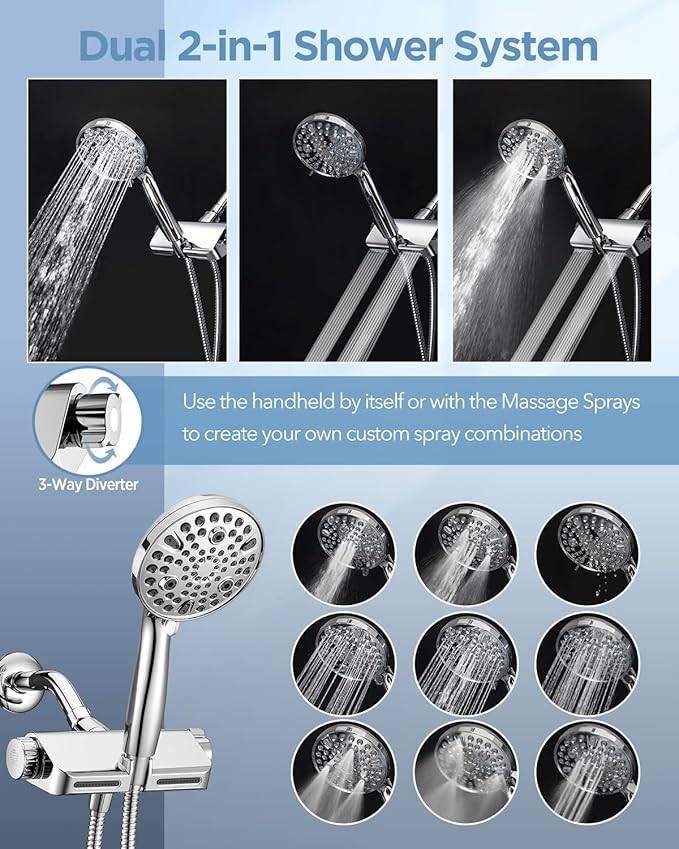 Filtered Shower Head with Handheld Combo - Dual 2-in-1 Spa System with Massage Shower and 10 Modes Hand Held Shower High Pressure with Built in Power Wash Mode (Chrome)