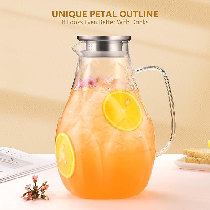 Glass Pitcher With Lid, 102oz Unique Petal Design, Stainless Steel Large Iced Tea Pitcher, Easy To Clean Lightweight Borosilicate Glass For Cold And Hot Beverages