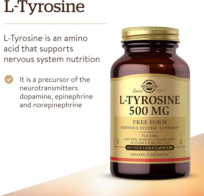 Solgar L-Tyrosine 500 mg, 100 Vegetable Capsules - Brain & Nervous System Support - Vegan, Gluten Free, Dairy Free, Kosher - 100 Servings ,Standard Packaging