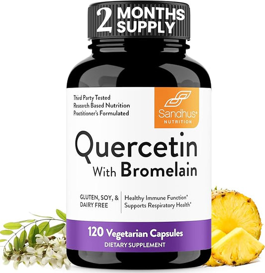 Sandhu's Quercetin with Bromelain Vegetarian Capsules Supplements 120 Count (Pack of 1) | Bioflavonoids for Immune Support & Respiratory Health, Seasonal Allergy Support | Quercitin for Men and Women