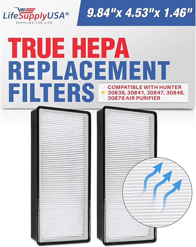 LifeSupplyUSA True HEPA Filter Replacement Compatible with Hunter 30836, 30841, 30847, 30848, 30876 Air Purifier (2-Pack)