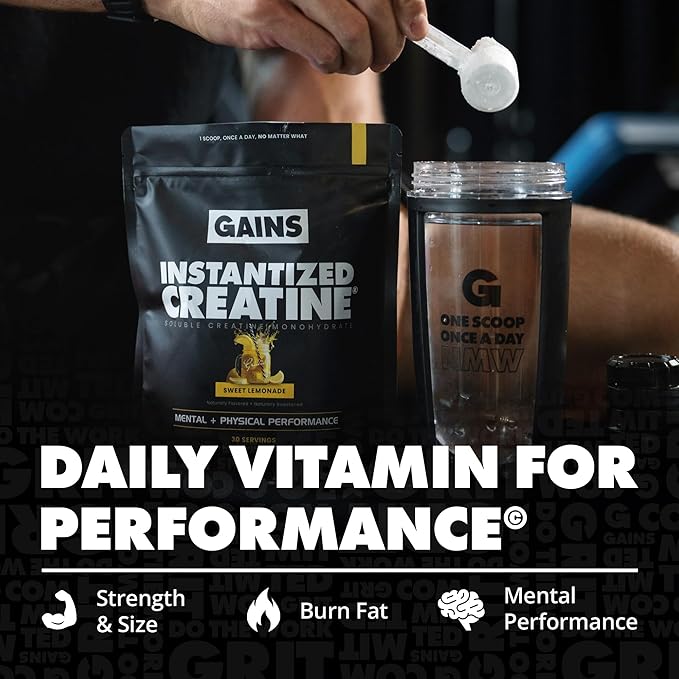 Gains in Bulk Instantized Creatine Monohydrate for Women and Men, Soluble Pre Workout Powder, Supports Muscle Building, Strength and Performance, Bodybuilding Supplements, Sweet Lemonade, 30 Servings