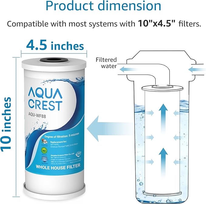 AQUA CREST FXHTC Whole House Water Filter, Well Water Filter Replacement for GE® FXHTC, GXWH40L, American Plumber W10-PR, Culligan® RFC-BBSA, W10-BC, Carbon Filters, 5 Micron, Pack of 4