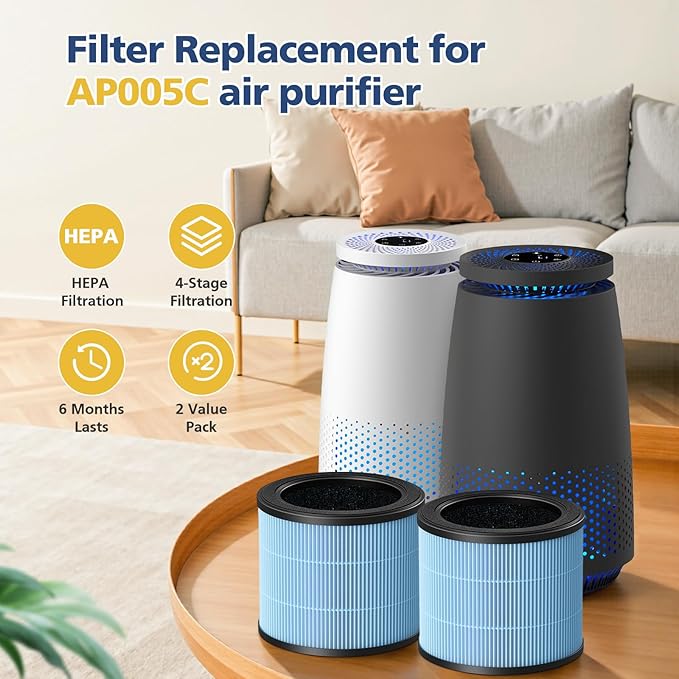 AP005C HEPA Air Filter Replacement for AP005C Air Purifiers, 4-in-1 Filtration for Pets Dander Dust Pollen Smoke Odors, 2-Pack