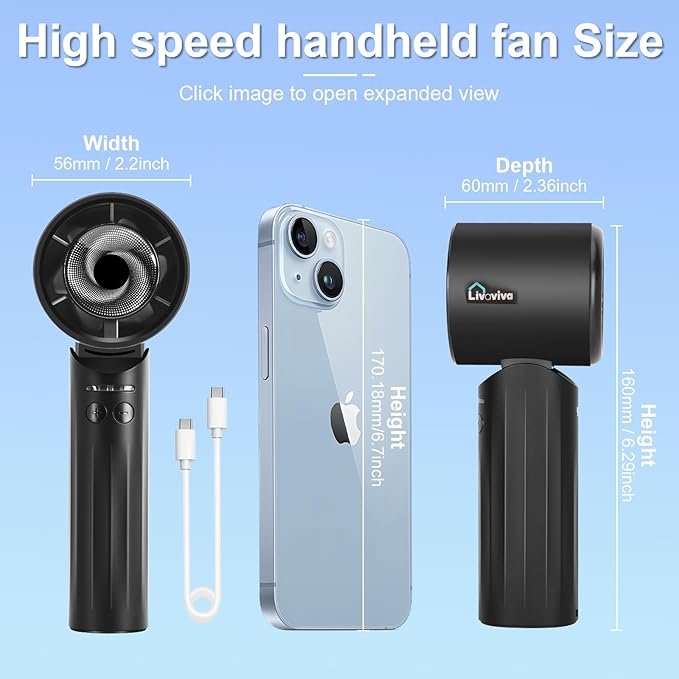 Handheld fan, adjustable blowing angle, mini portable turbo fan, USB Type-C rechargeable, infinitely variable speed high-speed personal fan, 11 Hours Battery Life (Black)