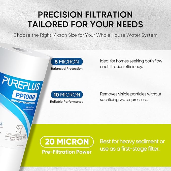 PUREPLUS 20 Micron 10" x 4.5" Whole House Sediment Home Water Filter Replacement Cartridge for Culligan RFC-BBSA, HD-950, WFHD13001B, W15-PR, GXWH30C, GXWH35F, Aqua-Pure AP817, PP10BB, 2PACK