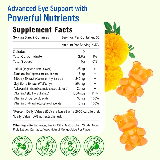 Eye Vitamins Lutein & Zeaxanthin Gummies, Sugar Free Eye Health Supplements with Bilberry, Astaxanthin - Support Blue Light, Visual Function and Macular Health - Mango Flavored, 60 Count
