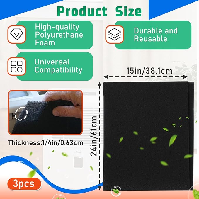 3 Pack Replacement Window Air Conditioner Foam Filter Pad Compatible with FRIEDRICH, GE, HEPA, Next Gen AC Window Unit Purifier, Cut to Fit Washable Reusable Carbon Pad Air Purifier Filters, 1285234