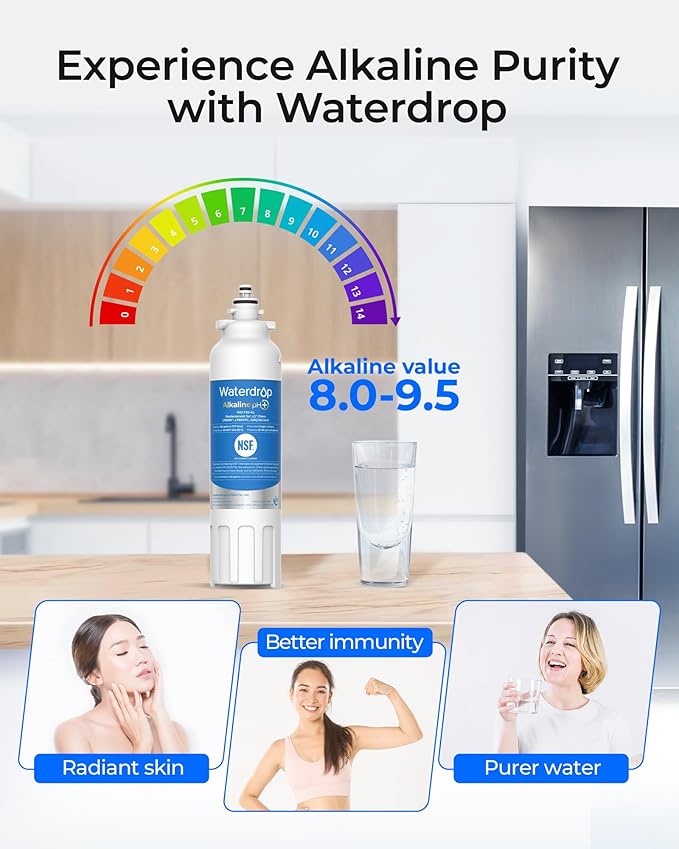 Waterdrop 𝐀𝐥𝐤𝐚𝐥𝐢𝐧𝐞 ADQ73613401 Water Filter, 𝐄𝐧𝐡𝐚𝐧𝐜𝐞𝐬 𝐩𝐇, Replacement for LG® LT800P®, ADQ73613402, ADQ75795104, LSXS26326S, LMXC23746S, LSXS26366S, LSXS26386D, 4 Filters