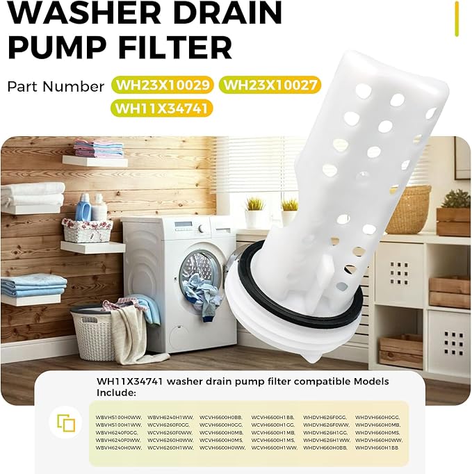 WH11X34741 Washer Drain Pump Filter for GE & Hotpoint Washer Replaces WH23X10029, WH23X10027, AP7205454, 4977949, PS16874133, EAP16874133