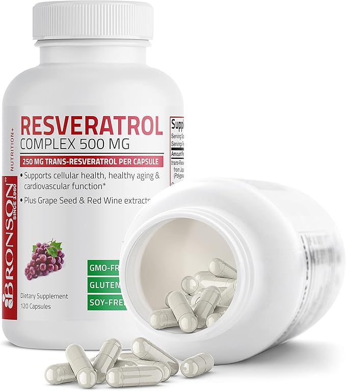 Bronson Resveratrol 500 Complex Standardized Trans-Resveratrol + Grape Seed & Red Wine Extract, 120 Capsules