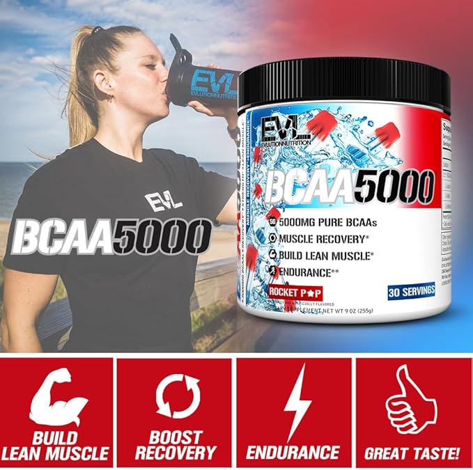 EVL BCAAs Amino Acids Powder - BCAA Powder Post Workout Recovery Drink and Stim Free Pre Workout Energy Drink Powder - 5g Branched Chain Amino Acids Supplement for Men - Rocket Pop