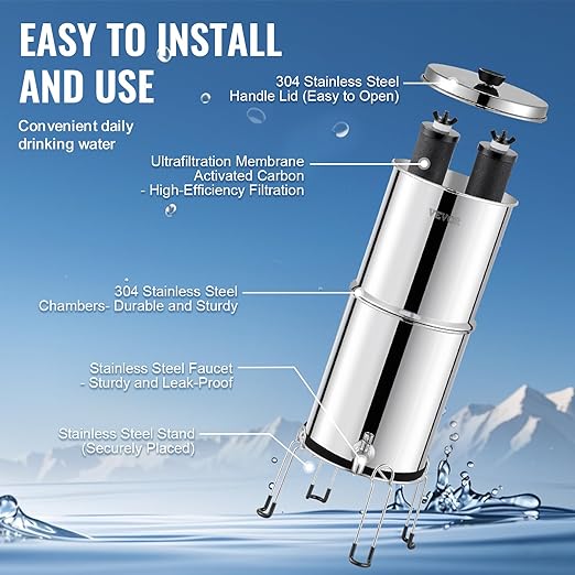 VEVOR Gravity-fed Water Filter System, 2.25G 304 Stainless-Steel Countertop Water Filtration System, Reduces Lead and up to 99% of Chlorine, with 2 Carbon Filters/Spigot/Stand, for Home Camping RV