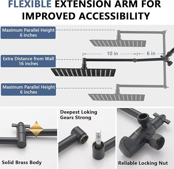 High Pressure 12 Inch Rainfall Shower Head with Handheld Combo, 16" Adjustable Extension Arm Build-in 3-way Diverter, Dual Shower Head Combo Set with Adjustable Height Slide Bar - Matte Black