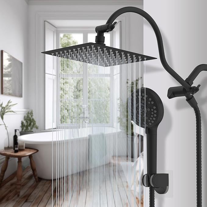 Hibbent All Metal Shower Head, 8'' High Pressure Rainfall Shower Head, Handheld Showerhead Combo with 12'' Adjustable Curved Extension Arm, 10-Spray, 71'' Hose, Adhesive Showerhead Holder, Matte Black