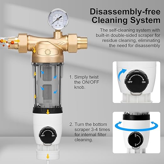 Airthereal Spin Down Water Sediment Filter, Pre-Filtration System for Whole Home, Water Filter for City and Well Water, 40 Micron Reusable Sediment Backwash Filter with 1" MNPT + 3/4" FNPT Connector