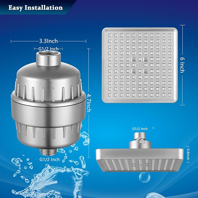 High Pressure Filtered Shower Head Set, 6’’ Rain Shower Filter for Hard Water, Universal Square Showerhead 20 Stage Filtration Removes Impurities for Rejuvenated Skin by Eolax, Brushed Nickel