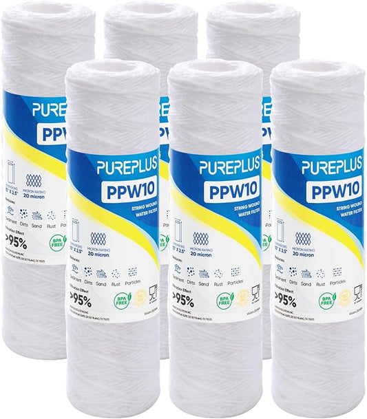 PUREPLUS 20 Micron 10"x2.5" Whole House String Wound Sediment Filter for Well Water, Replacement Cartridge for Universal 10 inch RO System, WP-5, Aqua-Pure AP110, CFS110, Culligan P5,WFPFC4002, 6Pack