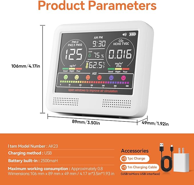 16-in-1 Indoor Air Quality Monitor with PM1.0,PM2.5,PM10,CO2,HCHO,TVOC,Temperature,Humidity,Time Display &7 AQI Alarms – Professional Air Quality Tester for Home, Office & Indoor Use (Creamy White)
