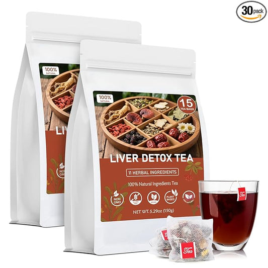 Liver Detox Tea, Liver Cleanse Detox & Repair Tea, 11 Precious Ingredients Formula, with Premium Ginseng, Mulberry & Chrysanthemum, Plastic-Free, Caffeine-Free, No Additives & Non-GMO(30 Bags/2 Pack)